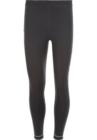 Sorte atletiske leggings lavet af strækbart stof. Har en glat tekstur, fuld længde design og reflekterende detaljer.