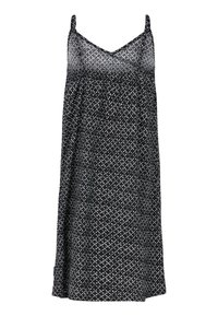 Robe sans manches noire avec un motif de petits diamants blancs, décolleté en V et une silhouette ample et fluide.