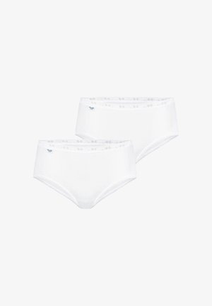 Deux culottes blanches pour femmes de style hipster avec une petite étiquette de marque sur le côté gauche et des ceintures élastiques à motifs.