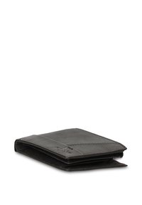 Zwarte leren portemonnee met een gladde textuur, voorzien van een opvouwbaar ontwerp en subtiele stikdetails langs de randen.