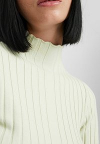 Kvinna med rakt svart hår iförd en ljusgul ribbad polotröja mot en ljusgrå bakgrund.