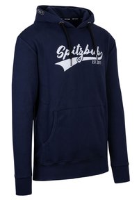 Navyblauer Hoodie aus Baumwollmischung mit einer Fronttasche, Kapuze mit Kordelzug und einem weißen Graf desig "Spitzbub EST. 2017".