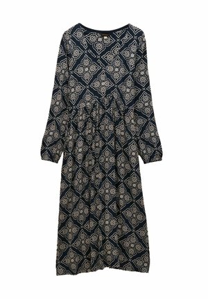 Navy blue long-sleeve midi dress with white intricate floral and diamond pattern, elastic cuffs, and gathered waist.