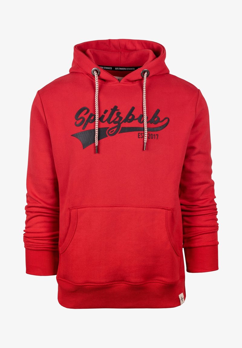 Roter Kapuzenpullover aus weichem Stoff, ausgestattet mit einer Fronttasche, gerippten Bündchen und einer Kordelzugkapuze. "Spitzbub EST 2017" in Schwarz bedruckt.