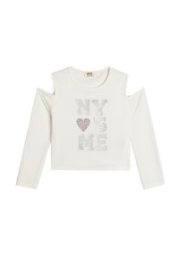 Weißes, geripptes Langarmoberteil mit ausgeschnittenen Schultern. Verziert mit silbernen Strassbuchstaben: "NY ❤️ ME." Kurzes Design mit Rundhalsausschnitt.