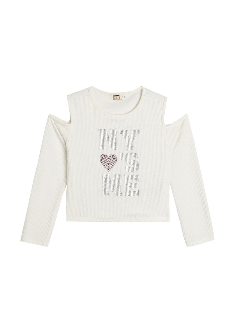 Weißes, geripptes Langarmoberteil mit ausgeschnittenen Schultern. Verziert mit silbernen Strassbuchstaben: "NY ❤️ ME." Kurzes Design mit Rundhalsausschnitt.
