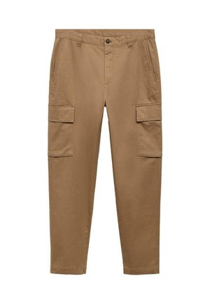 Brune bomulds cargo bukser med to store sidelommer, lige snit, knaplukning og synlig detaljering; ren, glat tekstur.