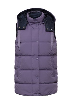 Lila Steppweste mit abnehmbarer schwarzer Kapuze, gepolstertem Design, Fronttaschen, Knopfverschlüssen und strukturiertem Stoff.