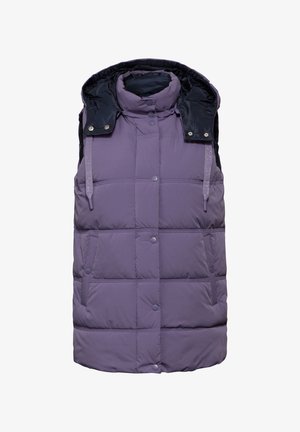 Lila Steppweste mit abnehmbarer schwarzer Kapuze, gepolstertem Design, Fronttaschen, Knopfverschlüssen und strukturiertem Stoff.