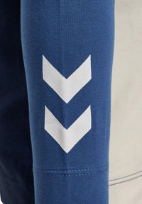 Blaues Langarmhemd aus strukturiertem Stoff mit weißen Chevronmustern an den Ärmeln, die sich von einem hellen Körper abheben.