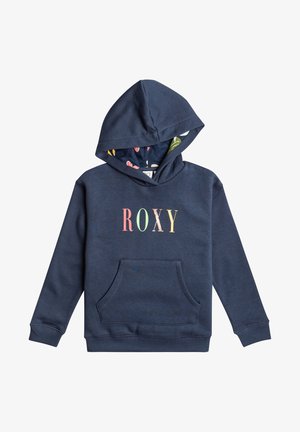 Sweatshirt marine avec une poche avant, arborant un design coloré "ROXY". L'intérieur est doté d'une doublure à motifs de feuilles et de fleurs.