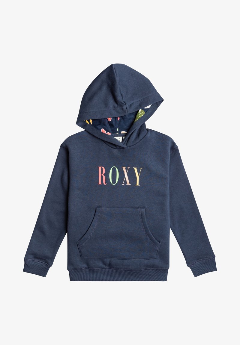 Sweatshirt marine avec une poche avant, arborant un design coloré "ROXY". L'intérieur est doté d'une doublure à motifs de feuilles et de fleurs.