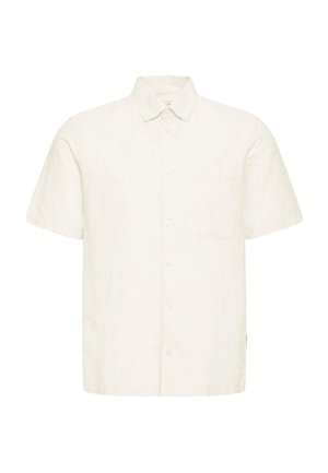 Short-sleeve shirt in light beige linen, featuring a button-down front, single chest pocket, and a relaxed fit. Smooth texture with subtle sheen.