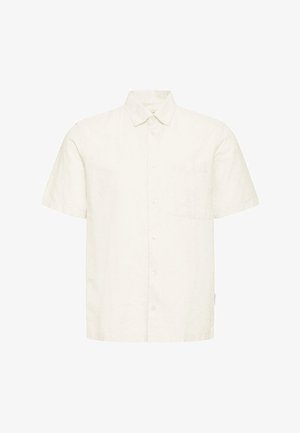 Short-sleeve shirt in light beige linen, featuring a button-down front, single chest pocket, and a relaxed fit. Smooth texture with subtle sheen.