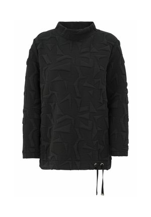 Black long-sleeve sweater with raised geometric patterns, high neck, and adjustable drawstring hem with metal tips.