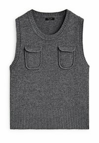 Gilet sans manches gris foncé en tricot avec deux poches à rabat à l'avant et ourlet et encolure côtelés.