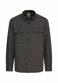 Grå flannel skjorte med lange ærmer, to brystlommer, knaplukning foran og spids krave. Har en subtil tekstur og metal knapper.