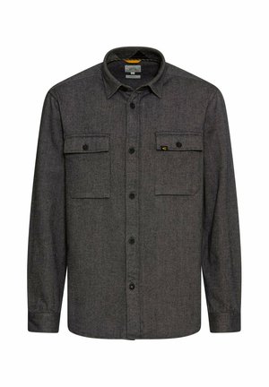 Grau meliertes Flanellhemd mit langen Ärmeln, zwei Brusttaschen, Knopfleiste und spitzem Kragen. Es hat eine subtile Textur und Metallknöpfe.