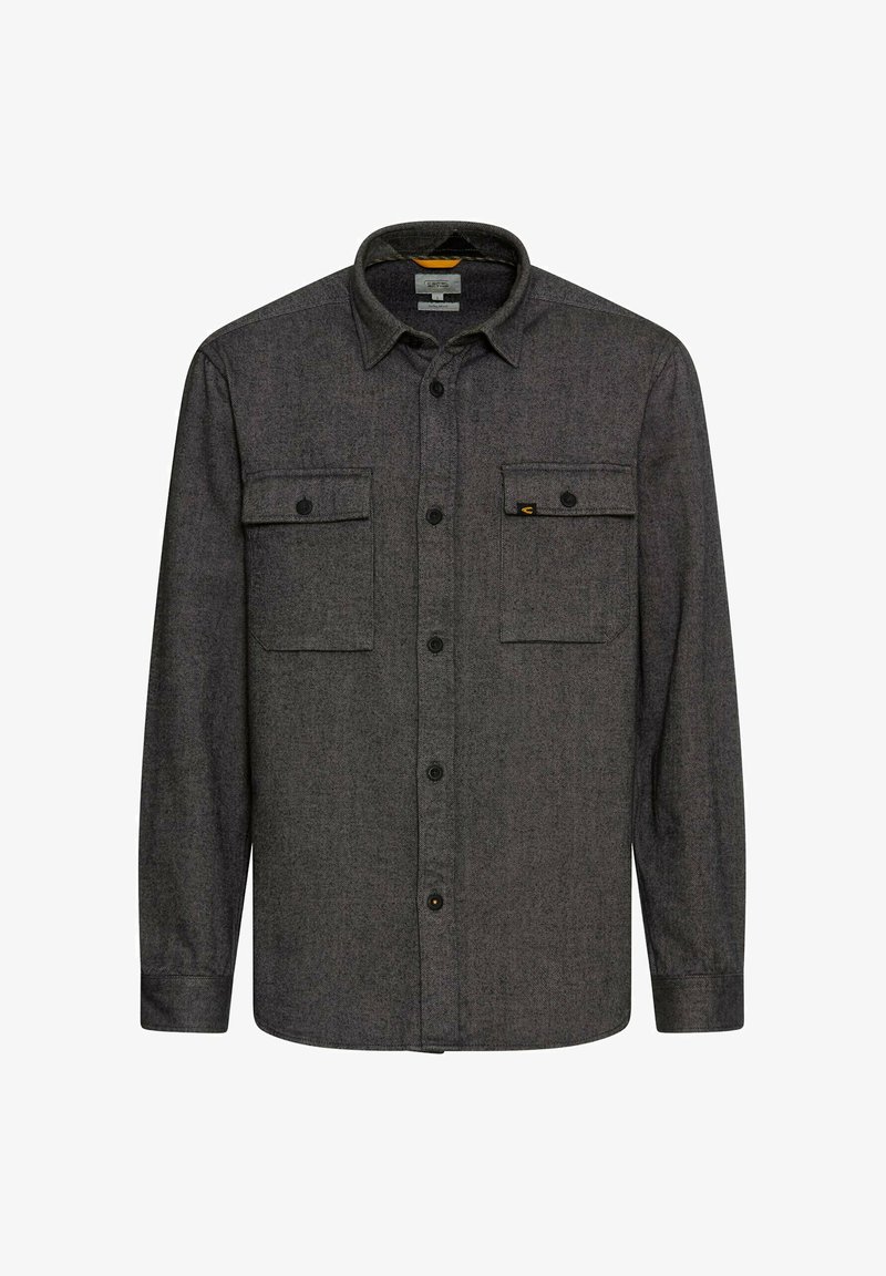 Grå flannel skjorte med lange ærmer, to brystlommer, knaplukning foran og spids krave. Har en subtil tekstur og metal knapper.