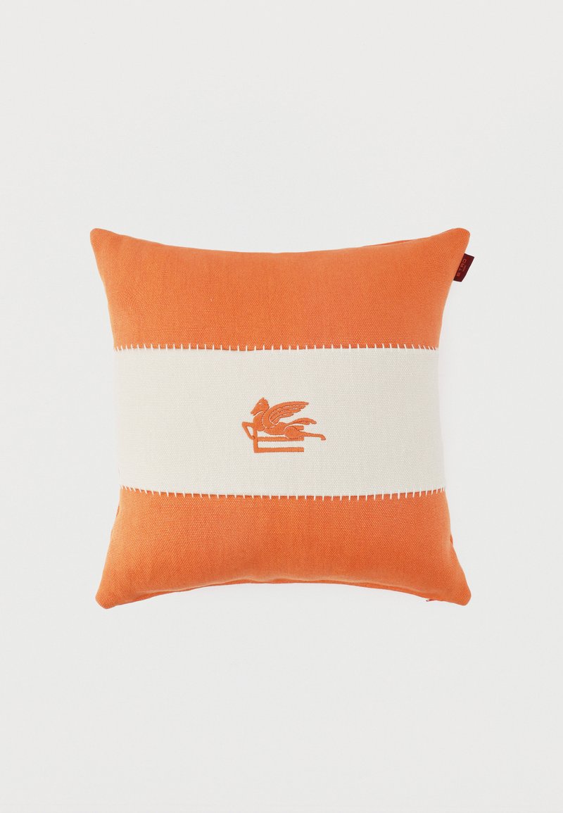 Square orange cushion with a wide white horizontal stripe in the center, featuring an orange winged horse embroidery.