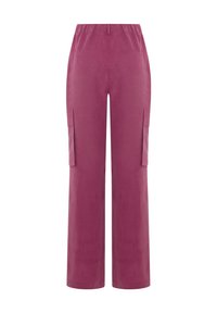 Cargo-broek in een effen mauve kleur, gemaakt van lichtgewicht stof. Beschikt over zij- en achterzakken, met een elastische tailleband voor comfort.