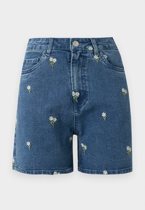 Μπλε σορτς τζιν με κεντημένα μικρά λευκά μαργαρίτα άνθη, διάσπαρτα, με τσέπες μπροστά, θηλιές για ζώνη και κλείσιμο με μεταλλικό κουμπί.