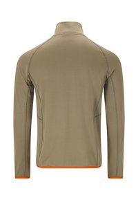 Lättviktsjacka med långa ärmar i olivgrön med hög krage, kontrasterande orange detaljer vid ärmsluten och nederkant, samt en subtil strukturerad mönster.