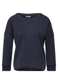 Námořnická modrá mikina s volným střihem, kulatým výstřihem, spuštěnými rameny a knoflíkovými detaily na rameni. Měkká, hladká textura.