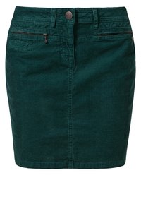 Gonna in velluto a coste verde con design aderente, caratterizzata da una chiusura con bottoni frontale e due tasche laterali con zip. Tessuto a coste testurizzato.