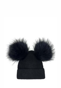 Berretto in maglia nera con due grandi pompon in pelliccia sintetica sulla parte superiore. Il materiale ha una texture a coste e un design con risvolto.