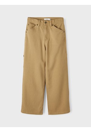 Proste spodnie khaki z przednimi kieszeniami, szlufkami na pasek i zapięciem na guzik, przedstawione na płasko na jasnym tle.