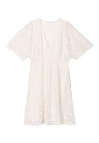 Robe en dentelle blanche avec un décolleté en V profond, des manches courtes à volants et une silhouette en A. Présente des motifs floraux complexes sur tout le tissu.