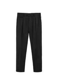 Pantalones negros plisados de corte slim, confeccionados en tejido texturizado. Cuentan con cierre de botón, bolsillos laterales y bajos con puños.