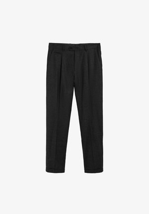 Pantalones negros plisados de corte slim, confeccionados en tejido texturizado. Cuentan con cierre de botón, bolsillos laterales y bajos con puños.