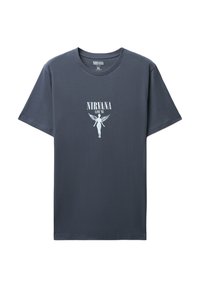 T-shirt in cotone grigio scuro con una grafica frontale recante il testo "NIRVANA LIVE '93" e una silhouette di angelo in bianco. Collo giroclassico.