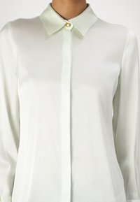 Blusa leggera verde chiaro, trasparente, con colletto classico e un singolo bottone dorato al collo. Maniche lunghe con una consistenza liscia e fluida.