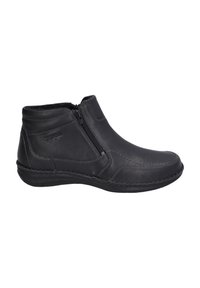 Bottine noire en cuir texturé. Présente une fermeture éclair latérale, un talon bas et des coutures contrastantes le long de la semelle. Finition lisse.
