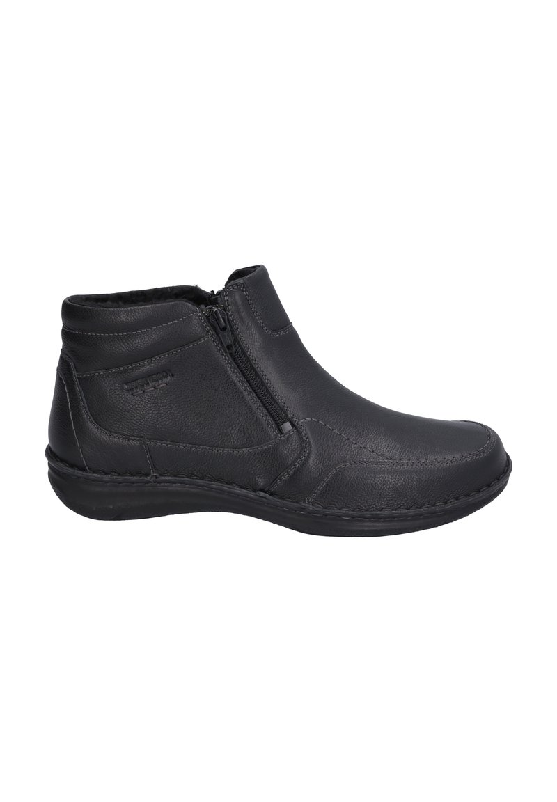 Bottine noire en cuir texturé. Présente une fermeture éclair latérale, un talon bas et des coutures contrastantes le long de la semelle. Finition lisse.