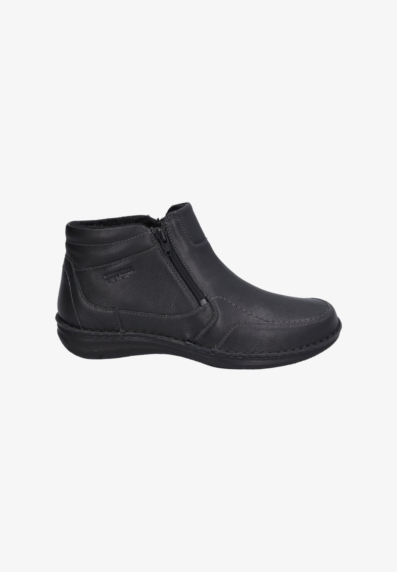 Black ankle boot made of textured leather. Features a side zipper, low heel, and contrast stitching along the sole. Smooth finish.