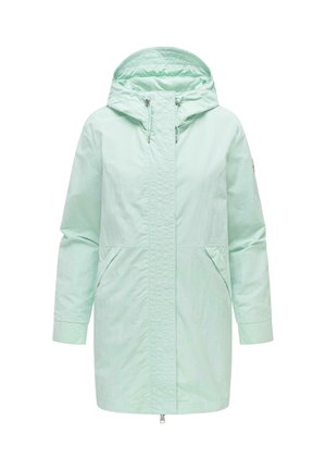 Lys mintgrøn vandtæt parka med hætte, frontlynlås dækket af stormklap, lange ærmer og sidelommer.