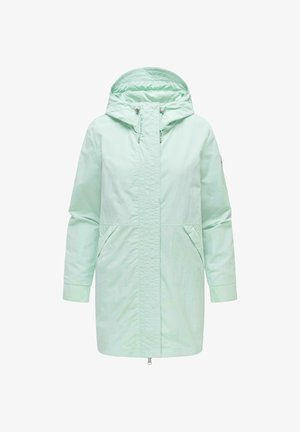 Parka impermeabile verde menta chiaro con cappuccio, cerniera frontale coperta da patta antivento, maniche lunghe e tasche laterali.
