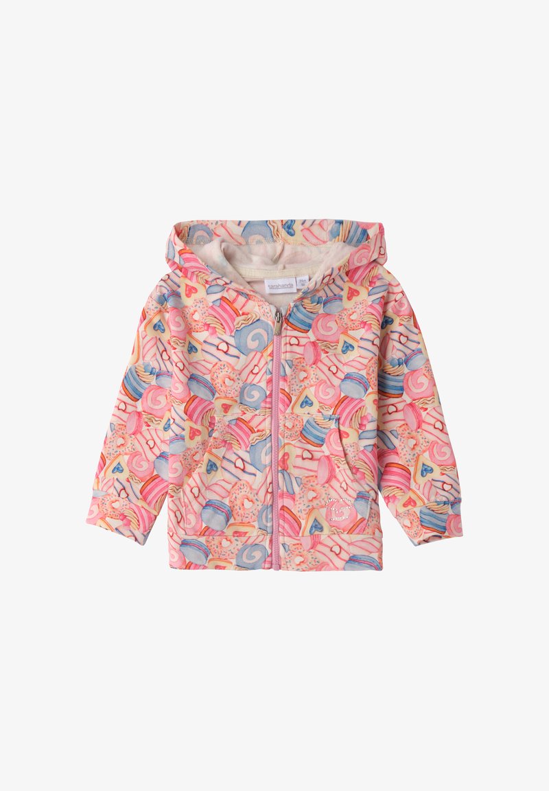 Felpa con zip per bambini piccoli, dotata di cappuccio e decorata con motivi colorati di caramelle e dolci in rosa, blu e crema.