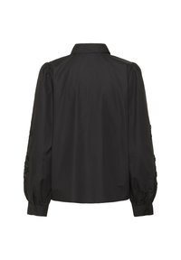 Schwarz mit Kragen versehenes Hemd mit langen Puffärmel, das über eine strukturierte Stickerei an den Manschetten verfügt und aus glattem Stoff hergestellt ist. Klassisches, tailliertes Design.