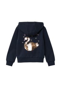 Sudadera marina con un diseño de cisne con lentejuelas en la parte posterior, adornada con lentejuelas doradas y blancas y pequeños detalles de lazo.