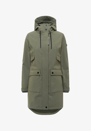 Parka lungo verde oliva con cappuccio, coulisse nere, cerniera frontale coperta da patta con bottoni e due grandi tasche frontali con chiusura a bottone.