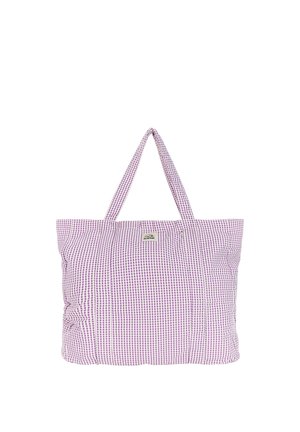 Paarse en witte grote shopper met geruit patroon, voorzien van twee handvatten en een klein rechthoekig logo vlak bij het bovenste midden.