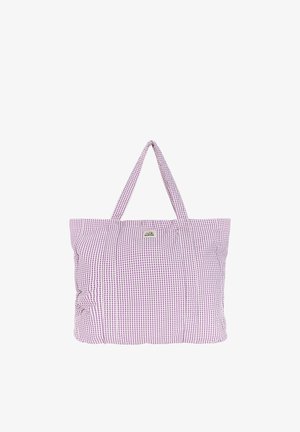 Paarse en witte grote shopper met geruit patroon, voorzien van twee handvatten en een klein rechthoekig logo vlak bij het bovenste midden.