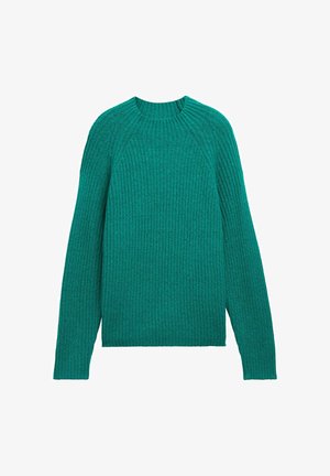 Grøn ribstrikket sweater med lange ærmer, rund hals og tekstureret finish. Fremstillet af blødt materiale, med en afslappet pasform og diskrete detaljer.