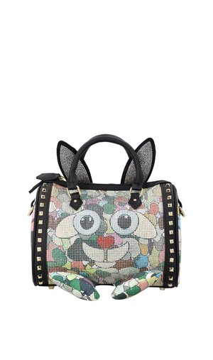 Small handbag with black handles, decorated with colorful mosaic cat face, ears, and paws, and black trim with gold studs on sides.