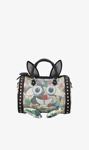 Small handbag with black handles, decorated with colorful mosaic cat face, ears, and paws, and black trim with gold studs on sides.